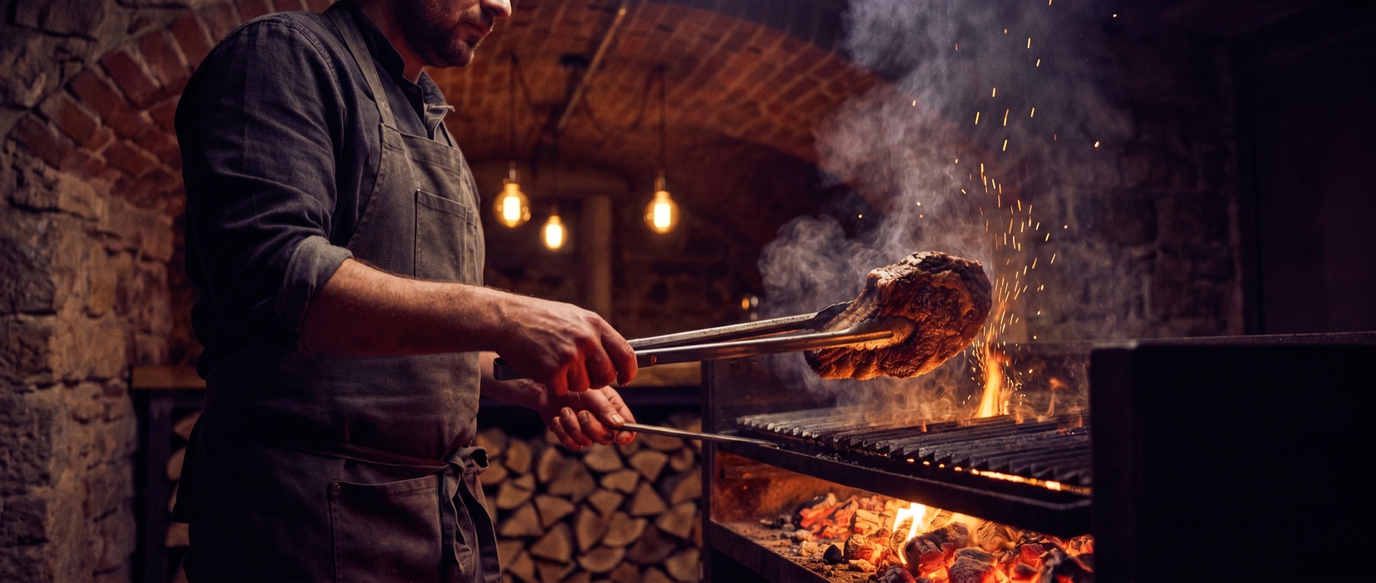Onze grillchef tilt een ribeye boven het houtskoolvuur bij El Puerto Breda