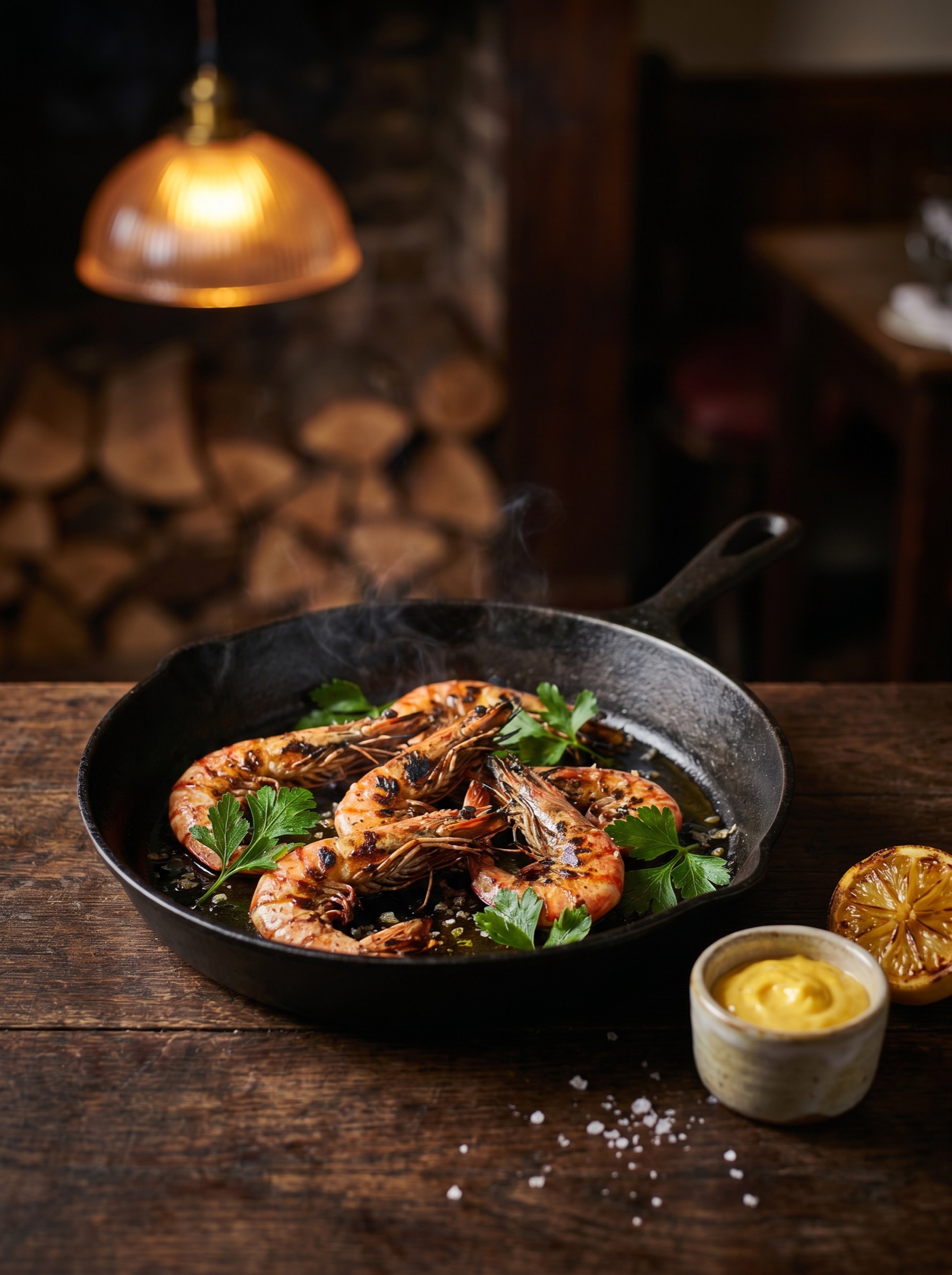 Black Tiger gambas in een gietijzeren pan met aioli en peterselie bij El Puerto Breda