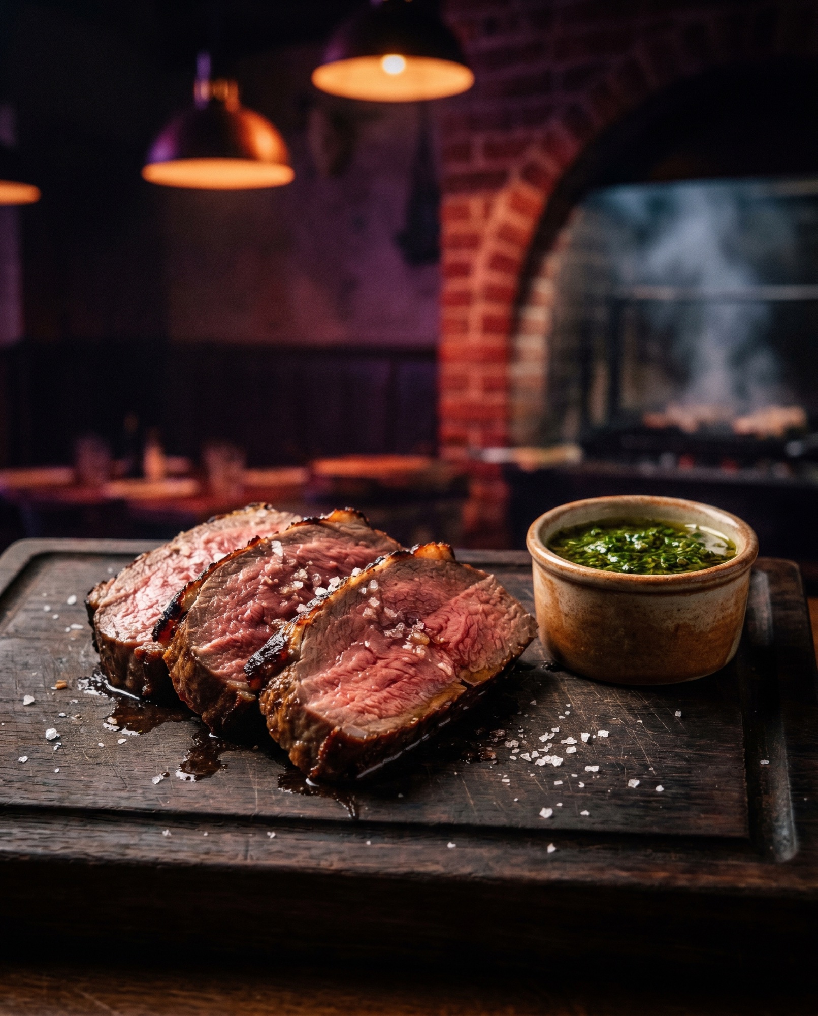 Argentijnse ossenhaas (Lomo) gesneden op een houten plank met chimichurri bij El Puerto Breda